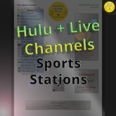 Hulu Sports Channel Lineup — Printable PDF channel table listing all available sports stations and networks on Hulu + Live TV. Channel count is 21 stations including 6 add-ons. Includes ESPN series, CBS and NBC Sports and Fox Sports 1 and 2.