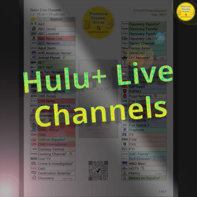 Hulu Live TV Channel List - Alphabetical listing of all Hulu+ live TV channels in table (spreadsheet) format. This is a free, printer friendly PDF document for download from our website. Includes NFL Network and Redzone (add-on). The four main networks are available across the USA, including ABC, CBS, NBC and Fox. v.3, updated Dec. 2021.
