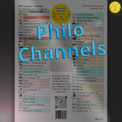 Philo Channel Lineup (preview image) - Philo live TV stations listed in a color coded table format. Organized alphabetically by station.
