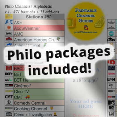 Zoomed in image of our Philo Live TV channels lineup guide. Guide includes all TV stations (in alphabetical order) as well as move add-on packs.