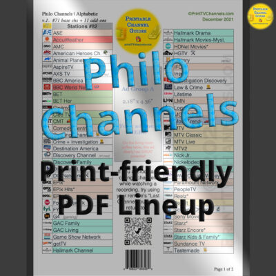 Listing of all Philo channels in a color coded table format.