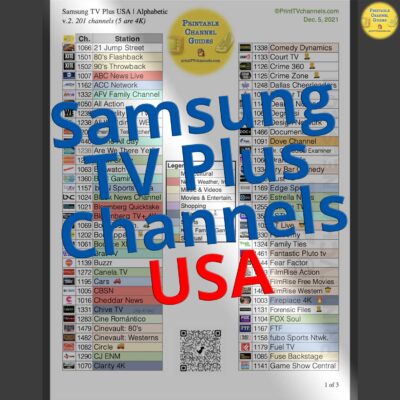 Samsung TV Channels Guide USA v.2 (December 2021) - Free PDF list of all channels available on Samsung TV Plus in USA. This printable channel lineup guide is organized alphabetically by station name and color coded by genre. Includes 201 TV stations.