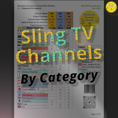 Sling TV channel lineup guide (Dec. 2021) — Sling channel table organized by add-on packages ("extras"). Comparison of all channels in the three plans: Orange, Blue and Orange + Blue. This print-friendly channel guide is free to download.