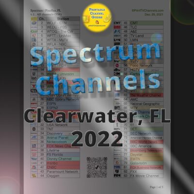 Printable Charter Spectrum TV channel lineup guide for Clearwater, FL (Pinellas, Hillsborough, Pasco and Hernando Counties). All TV channels are included along with local stations. Stations are arranged numerically and color coded by TV station genre. Large print size (big font).