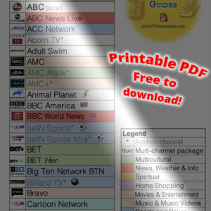 YouTube TV live channels list, including the most commonly viewed add-ons. Zoomed-in preview of our channel guide. Caption reads, "Printable PDF - Free to download!"
