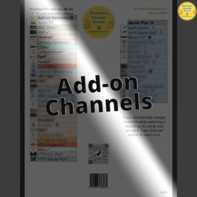 Add-on channels list for YouTube TV. Includes Sports Plus, all add-on networks (available a-la-carte), Entertainment Plus and premium movie networks such as HBO Max, Cinemax and Epix. Also includes a listing of all seven YouTube TV UHD "4K Plus" stations. Updated Dec. 2021. Preview of PDF.