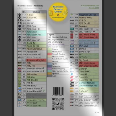 Bell FIBE TV stations listed alphabetically in a print-friendly PDF channel table as of January 2022. For Toronto, Montreal and beyond. This edited version does not have international stations.