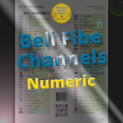 Bell FIBE TV stations listed numerically in a printable PDF as of January 2022. For Toronto, Montreal and more. Comprised of 411 unique (non-duplicated) stations. With SD and HD duplicates, the total count is 732 stations. Primary preview image.