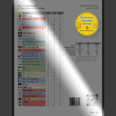 Screenshot of a printable TV station lineup guide. This one is a print-friendly, downloadable PDF listing of all FuboTV live channels and Fubo Extras for the 3 base plans (Starter, Pro and Elite). All major sporting networks are available as well as most premium movie channels (not HBO). January 2022. Preview.