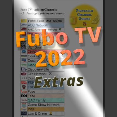 Fubo TV Add-on Channels List (v.2, Jan. 2022). Listing of all 44 Fubo "Extra" channels as well as add-on packages (eg. Sports Plus, Latino Plus) and premium movie stations. Zoomed-in preview image of the PDF.