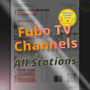 Fubo TV channels and Fubo Extras for the 3 base plans (Starter, Pro and Elite). Screenshot of our printable Fubo channels lineup.