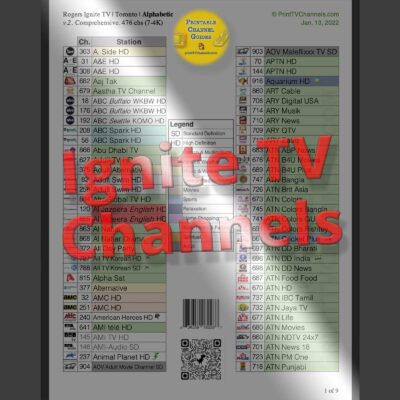 Preview Image of our PDF: This Rogers Ignite TV comprehensive channel list is organized alphabetically by station name. With duplicates removed, the channel count is 476 and includes 173 international statons.