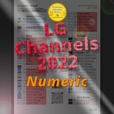Printable list of LG channels in numerical order (by channel number). A whopping 356 total stations are offered (most by Xumo and Pluto tv). v.1. Created Jan. 1, 2022. Primary PDF preview image.