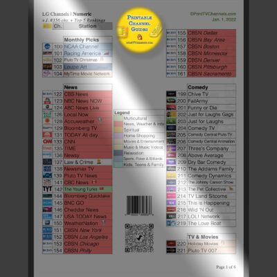 Preview Image: Printable list of LG channels in numerical order (by channel number). A whopping 356 total stations are offered. v.1. Jan. 1, 2022.