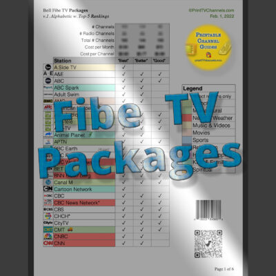 Side-by-side TV networks table for the Fibe TV packages ("Good, Better and Best"). Preview image of our printable Bell Fibe TV channel guide. 2022.