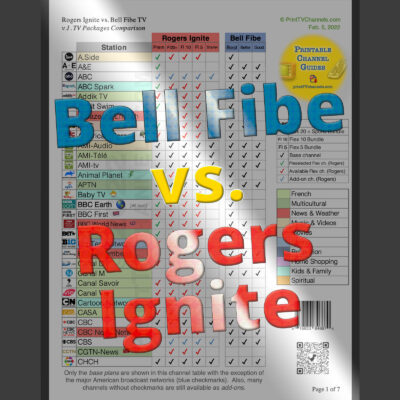 Head-to-head comparison of channel lineups for Rogers Ignite TV and Bell Fibe TV in a checkmark style spreadsheet.