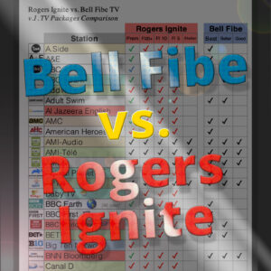 Closeup of the "Ignite vs. Fibe" PDF. Tickmark PDF channel table. The main channels are listed for the Ignite and Fibe TV packages (bundles).