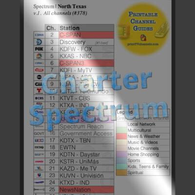 Printable Spectrum channel guide for North Texas (Dallas and Fort Worth).  Complete lineup of all TV stations. Feb. 2022. Zoomed in screenshot of the printable, large font PDF