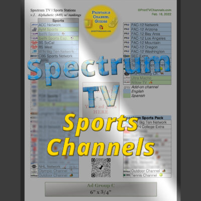 Spectrum Sports channels lineup (v.1, Feb. 2022). Also lists TV networks in the "Spectrum Sports Package". This printable PDF is free to download from TV Channel Guides. Clean preview image of our PDF channel guide.