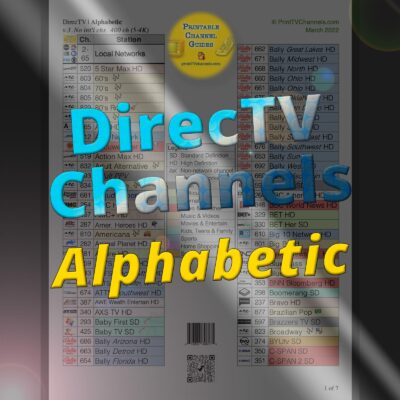 DirecTV Channel Guide PDF | Alphabetic 2022 — Printable DirecTV channel lineup as a PDF channel guide that's free to download. The DTV channel list (v.3) is arranged by TV station (channel numbers still shown). Color coded by TV station genre. Created March 4, 2022. Primary preview image of our PDF.