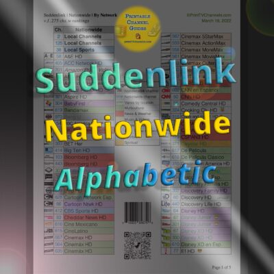 Printable Suddenlink Channel Guide | Nationwide | By TV Network (v.1, March 2022) — Full, print-friendly listing of all Suddenlink channels arranged alphabetically. Large-font PDF channel table is free to download. Primary preview of the PDF.