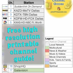 Suddenlink TV Channel Guide — Printable Suddenlink channel guide closeup image of the PDF. Caption reads, "Free, high resolution printable [Suddenlink] channel guide".