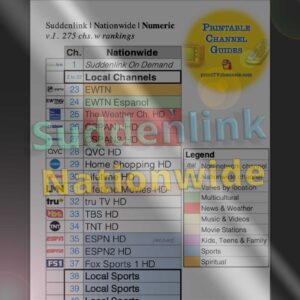 Suddenlink TV Guide of channels | Nationwide | By Channel Number 2022 — Full, print-friendly listing of all Suddenlink channels arranged numerically. Large-font, free PDF for download.