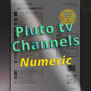 Pluto TV Channels Guide 2022 | By Channel Number (v.3.1, April 2022) — Printable list of Pluto tv channels in a free, large-print PDF. The lineup is arranged numerically by channel number and color coded by TV station genre. See all Pluto channels at once instead of a small, onscreen TV guide! Primary preview of the PDF.