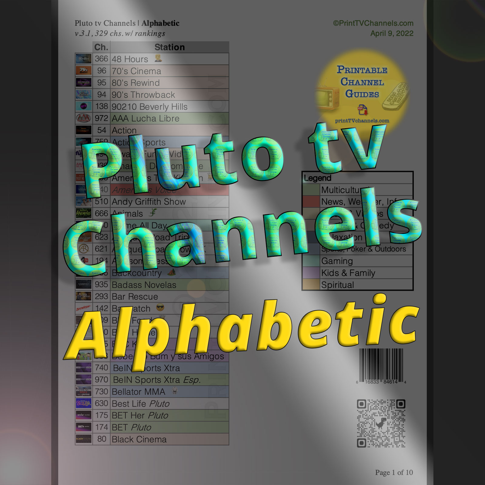 Pluto TV Channel Guide Lineup | Alphabetic (v.3.1, April 2022) — Full Pluto channel lineup in a free, large-print channel guide. Pluto TV stations are organized alphabetically in this PDF. See all Pluto TV channels at once! Primary preview image of the PDF.