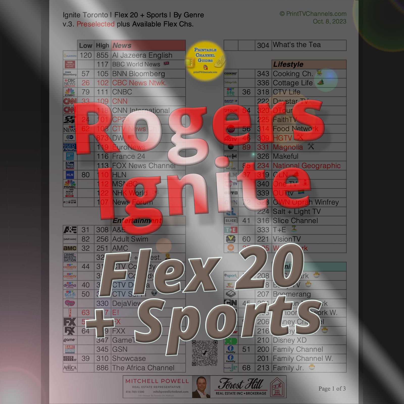 Preview image of Rogers Ignite Flex 20 + Sports FLEX CHANNEL LIST (v.3, updated Oct. 2023) — All flex channels are listed in a printable, large font channel guide. This includes preselected and available flex channels.