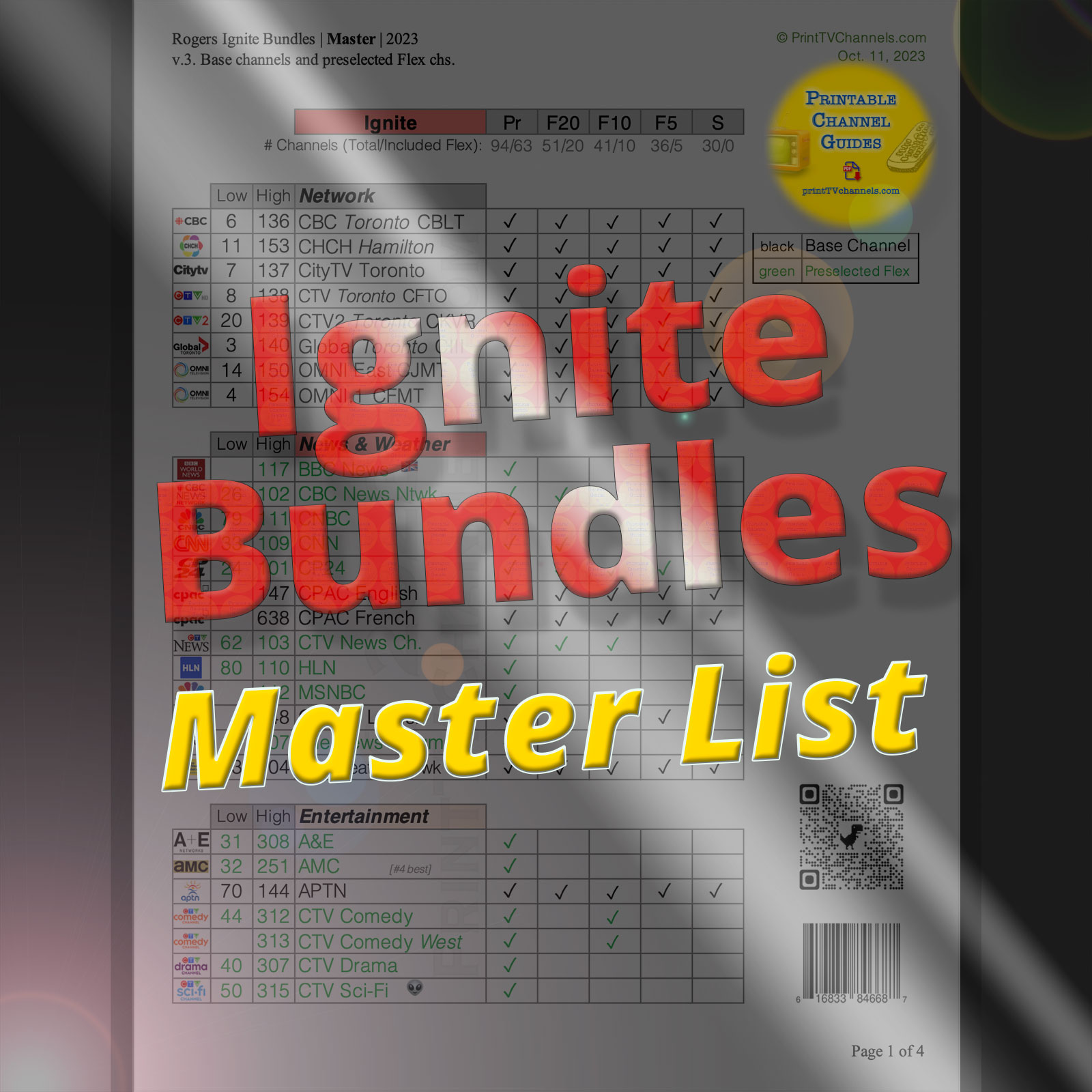 Preview of Ignite TV Packages | Comparing Ignite Bundles (v.3, Oct. 2023) — Master channel table comparing TV stations for the Ignite bundles (Premier, Flex 20 + Sports, Flex 10, Flex 5 and Starter Package). Each bundle includes a combination of base and preselected flex channels.