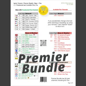 Ignite PREMIER FLEX base channels with preselected flex stations are listed with available flex channels. Premier bundle has 94 channels including 63 flex in Toronto.