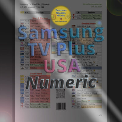 Samsung TV Plus Channels List USA | By Channel Number (v.3, October 2023) — Free PDF lineup of all channels on Samsung TV Plus in USA.  This Samsung TV channels list is organized by channel number and color coded by station genre. Includes 256 free TV Plus stations.