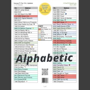 Clean preview image of our alphabetically arranged Samsung channel guide 2025.