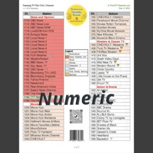 Clean Preview Image of Samsung TV Channels Guide USA v.3 (February 2025) - Free PDF list of all channels available on Samsung TV Plus in USA. This printable channel lineup guide is organized by channel number and color coded by station genre. Includes 454 free TV channels to watch.