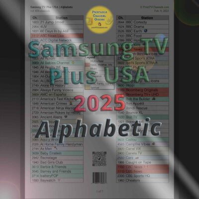 Preview image of the printable PDF for Samsung TV, organized alphabetically by TV station name.